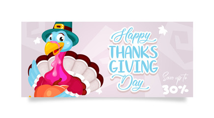 Happy Thanksgiving day flat poster vector template. Autumn holiday discount. Piligrims turkey with pumpkin isolated cartoon character. Banner, brochure, leaflet design layout with place for text