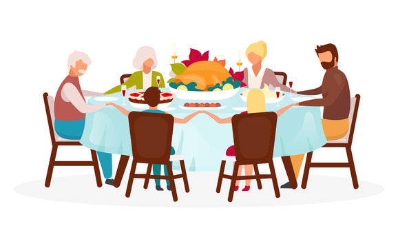 Thanksgiving day flat vector illustration. Fall annual holiday celebration. Festive meal. Celebrating harvest together. Family dinner with turkey isolated cartoon character on white background