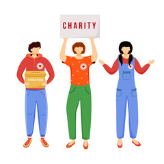 Volunteers collecting donations flat vector illustration. Slefless social activists isolated cartoon characters on white background. Public charity, fundraising campaign decorative design element