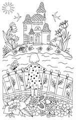 Vector illustration girl on a bridge looking at the castle across the river. Coloring book anti stress for adults.Black and white.