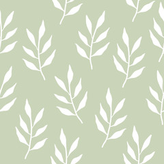 Seamless branches decorative ornamental pattern. Endless elegant vintage texture with white leaves on green background. Tempate for fabric, wallpaper, backgrounds, wrapping paper, package, covers