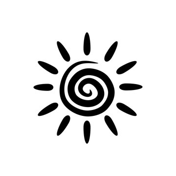 Spiral vector sun with rays. Isolated black line illustration. Simple design element, logo, icon.