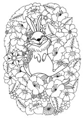 Obraz premium Vector illustration of a rabbit in the flowers. Black and white.