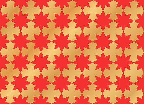 Red flowers embossed on a gold background.