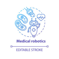 Medical robotics blue gradient concept icon. Health care computer machines idea thin line illustration. Types of robots. Innovative hospital system. Vector isolated outline drawing. Editable stroke