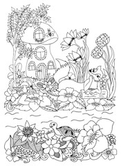 Vector illustration fox near the house and rivers in the flowers. Coloring Book, anti-stress for adults. Black and white.