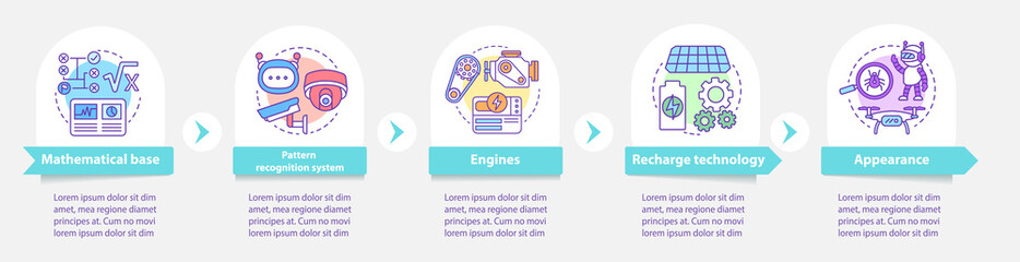 Technology in robotics vector infographic template. Business presentation design elements. Data visualization with five steps and options. Process timeline chart. Workflow layout with linear icons