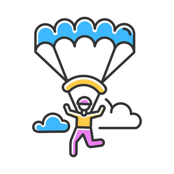 Paragliding color icon. Parachuting , paratrooping activity. Air extreme sport. Skydiving, hang gliding recreation. Flights in sky and jumps with parachute. Isolated vector illustration