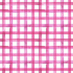 Watercolor stripe plaid seamless pattern. Pink stripes on white background