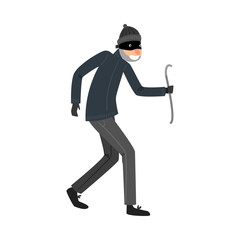 Fototapeta na wymiar Sneaking thief in black clothes standing with the crowbar in hand. Vector illustration in flat cartoon style.