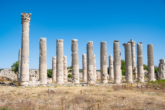 With blue sky,Marble columns of Temple of Tyche, goddess of fortune, Roman, late first century AD, Olba, (Uzuncaburc), Silifke, Mersin,Turkey