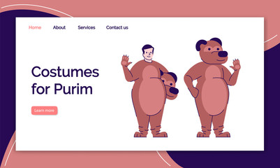 Costumes for purim landing page vector templates set. Holiday clothing website interface idea with flat illustrations. Animal costumes homepage layout. Bear suit web banner, webpage cartoon concept
