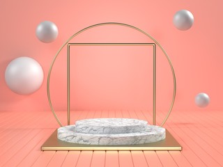 3d render image of white marble product podium background on bright pink floor for cosmetic branding or another product.