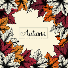 Autumn background in hand drawn style with leaves. Autumn design. For design textiles, fabric, packaging, paper, surface decoration, background.