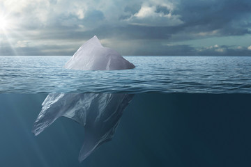 Plastic bag floating in the sea like an iceberg