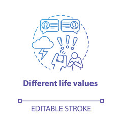 Different life values concept icon. Family quarrel. Disagreement. Inability to negotiate. Mutual accusations of partners idea thin line illustration. Vector isolated outline drawing. Editable stroke