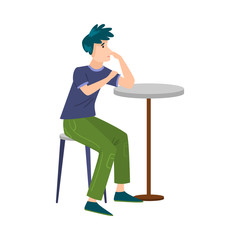 The cute blue-haired man in green pants sitting at a table on a chair thinking of something. Vector illustration in flat cartoon style.