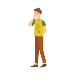 The cute brown-haired man standing in brown pants thinking of something or making a decision. Vector illustration in flat cartoon style.