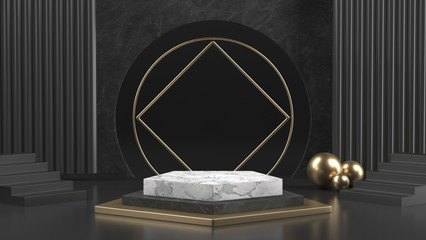 3d render image of black and white marble podium luxury background for cosmetic or another product.