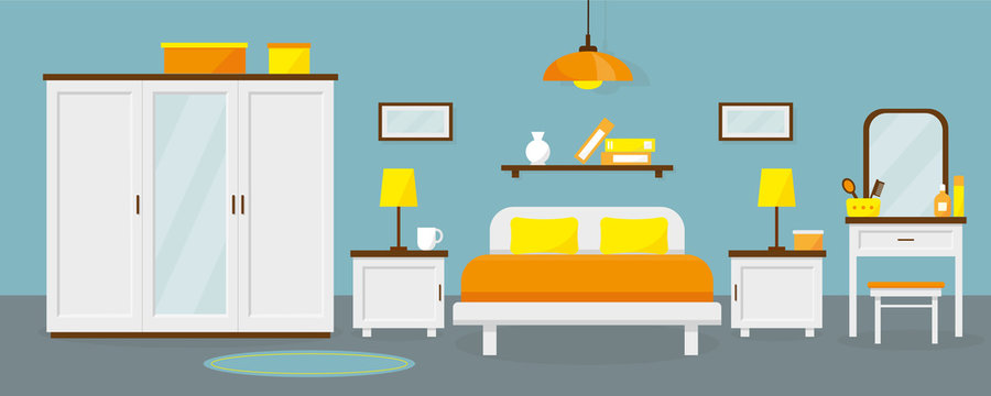 Bedroom interior with furniture. Vector flat illustration.
