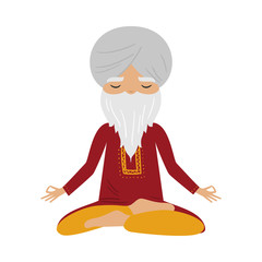 Meditating old yogi man with a white turban and red clothes sitting in a lotus position. Vector illustration in flat cartoon style.