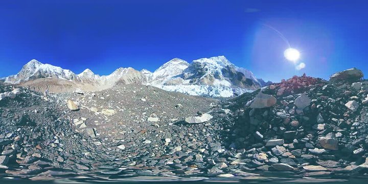 360 vr of the Everest Base camp at Khumbu glacier. Khumbu valley, Sagarmatha national park, Nepal of the Himalayas. EBC track route near Gorak Shep.