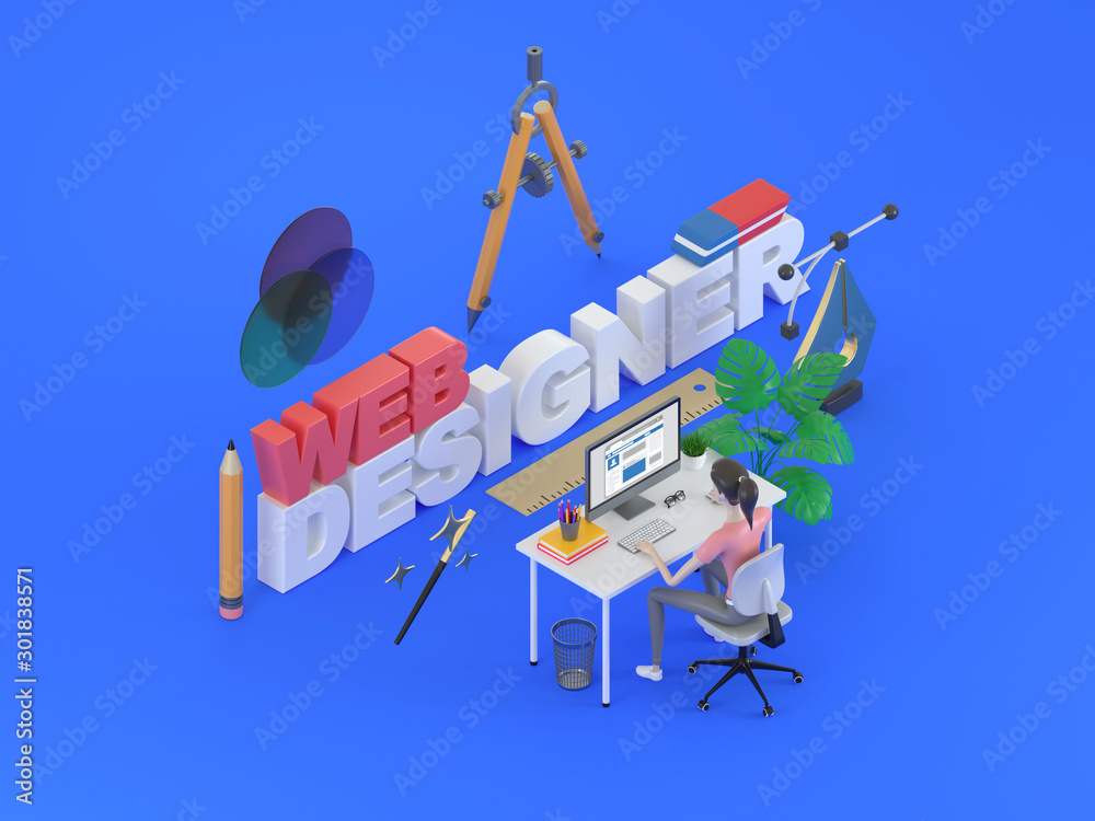 Wall mural girl web designer in a working environment. 3d icons and graphic design elements on a blue backgroun