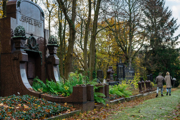 Jewish cemetery in Berlin Weißensee, old Jewish grave monuments, Jewish cemetery in the autumn, autumn farms, beautiful