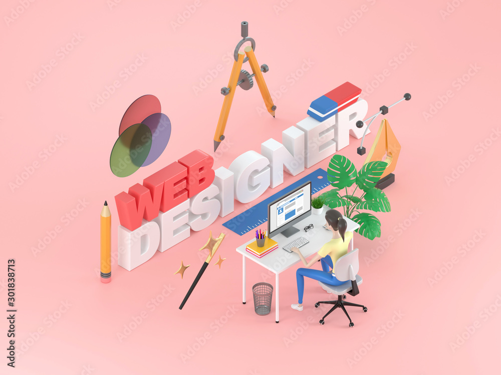 Wall mural young professional female web designer is working at a computer. illustration for web page design. w