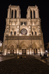Fototapeta na wymiar A west facade of the Notre-Dame-de-Paris Cathedral illuminated in the night