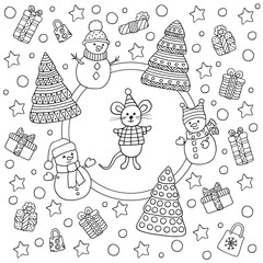Christmas cute coloring page for kids and adults for 2020 - year of the Mouse