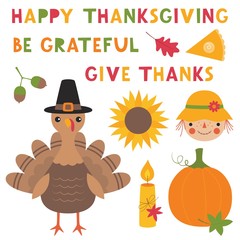 Thanksgiving vector set, a turkey, a pumpkin, a sunflower