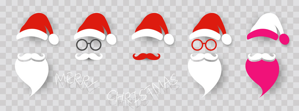Santa Claus fashion hipster style set icons. Santa hats, moustache and beards, glasses. Christmas elements for your festive design. Vector illustration isolated transparent background 