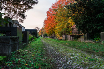 Jewish cemetery in Berlin Weißensee, old Jewish grave monuments, Jewish cemetery in the autumn, autumn farms, beautiful