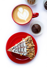 Picture of cakes on plates and coffee in cups on white background.