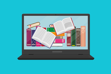 Flat vector illustration of online reading, learning or education concept. Different books and flying books in computer on blue background.
