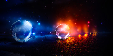 A transparent glass ball with reflection in the center of an abstract dark background. Smoke, empty scene background. Dark neon background, wet asphalt. 3D illustration