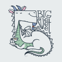 Cute cartoon dragon, doodle childish vector illustration.