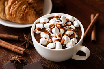 Hot chocolate with marshmallows and cinnamon in white cup on wooden table