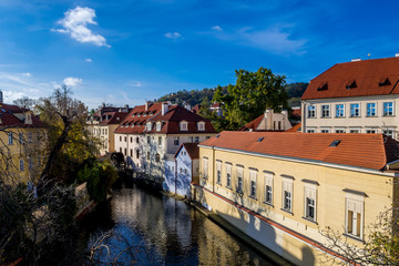 Fototapeta na wymiar Certovka River And Velkoprevorsky Water Mill In Old Town In Prague In The Czech Republic