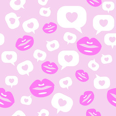 pattern pink lips and hearts in clouds on a pink background