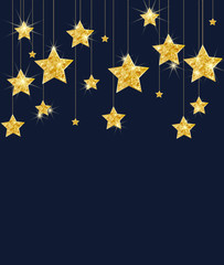 Vector illustration of a Christmas background. Merry Christmas card with golden stars. Gold decoration on blue background
