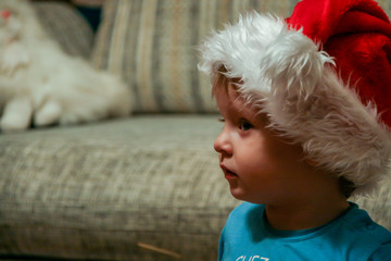 2011.01.01, Maloyaroslavets, Russia. A little boy wearing harlequin hat watching TV, blur and grain effect. Funny children.