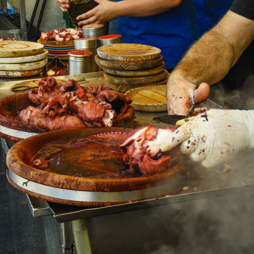 cutting octopus in the Pulperia, Galicia