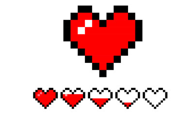 Heart life indication for 8bit pixel art retro games, indicating the health level of the character within the game