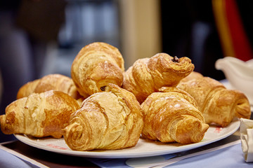 Chocolate croissants sprinkled with powdered sugar lie on a plate