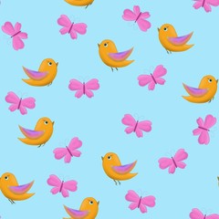 Seamless pattern. on a blue background cute butterflies and birds. Printing, printing on fabric. Child pattern