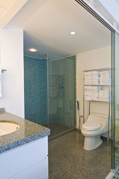 Interior of modern bathroom in beach apartment.