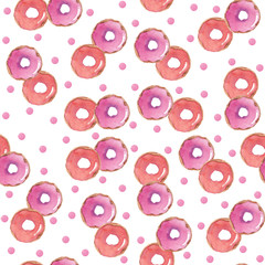 Seamless pattern of watercolor donuts on a white background. Use for invitations, menus, birthdays