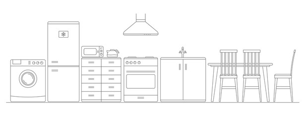 Vector thin line illustration of kitchen furniture and interior. Fridge, washing mashine, microwave, cookstove, sink, kitchen hood and table with chairs. Flat line style isolated on white.